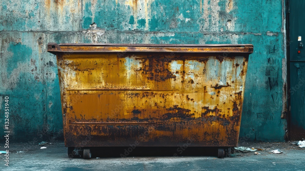 A weathered metal dumpster sits against a teal concrete wall