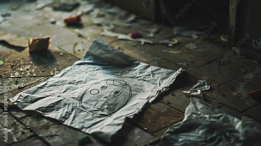 Zerknittertes Papier mit verstörender Kinderzeichnung und Blutflecken
