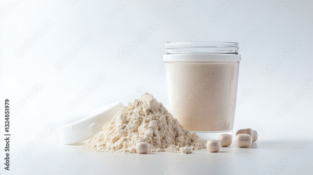 scoop of whey protein powder next to a shaker scoop of whey protein powder next to a shaker