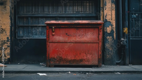 Obraz na płótnie A rusted red dumpster stands prominently against a weathered wall w salonie