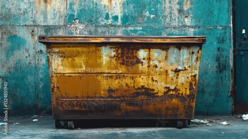 Obraz na płótnie A weathered metal dumpster sits against a teal concrete wall w salonie