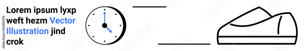 Clock with blue hands, simple shoe sketch, horizontal line divider, and Lorem Ipsum text. Ideal for productivity, time management, minimalist designs, vector art, modern layouts, educational content Clock with blue hands, simple shoe sketch, horizontal line divider, and Lorem Ipsum text. Ideal for productivity, time management, minimalist designs, vector art, modern layouts, educational content