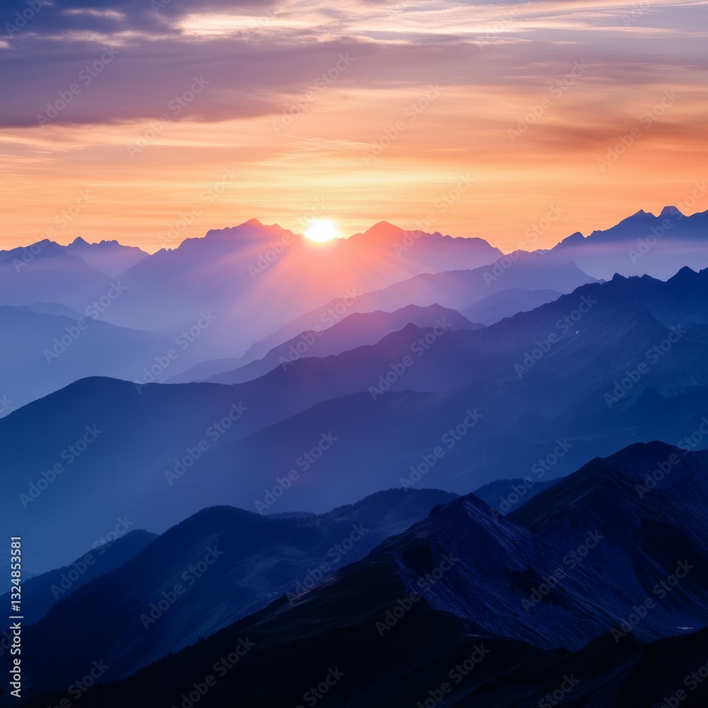 Fototapeta premium Mountain landscape. Sunrise over the mountain range. Vector illustration.