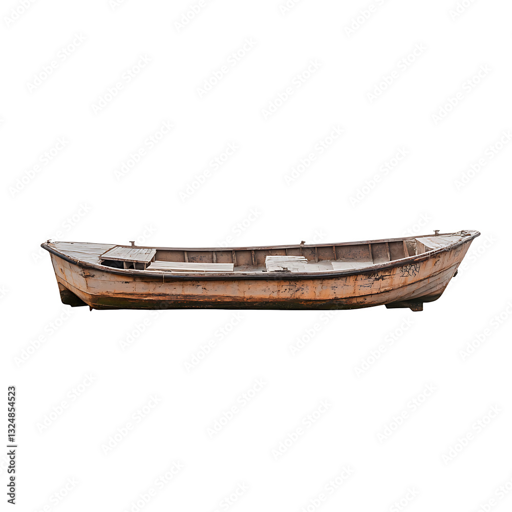 Weathered Boat Isolated. An old rowboat with orange and brown coloring with wooden construction, isolated on a black background, is weathered and worn. Weathered Boat Isolated. An old rowboat with orange and brown coloring with wooden construction, isolated on a black background, is weathered and worn.