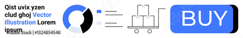 Pie chart with three segments, cart with packages, and large BUY button. Ideal for marketing, e-commerce, shopping, advertising, business analytics, online stores. Landing page