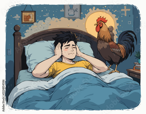 Man coverings ears and sleeping in bed while rooster crowing stock illustration