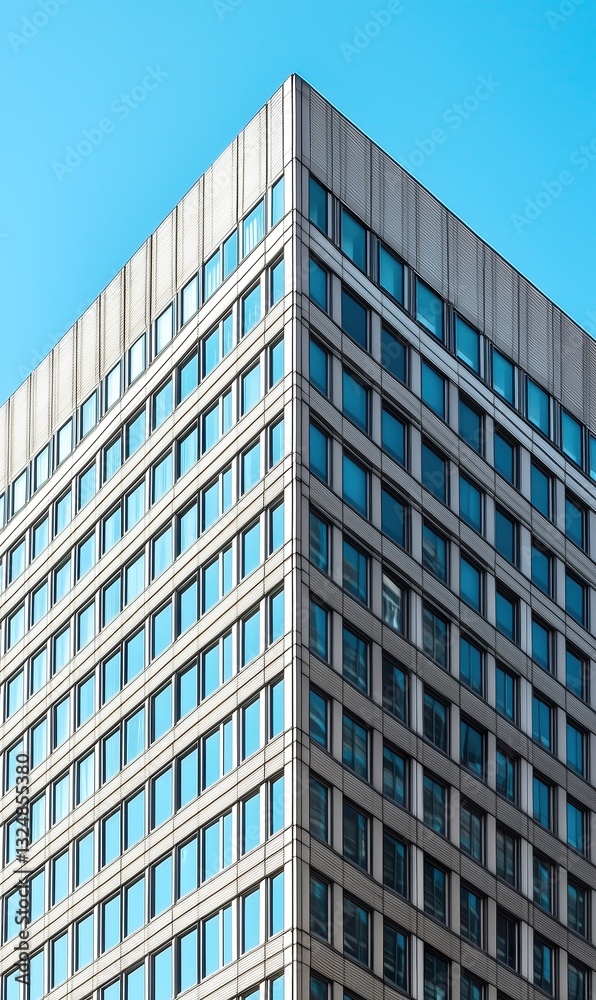 Modern high-rise office building with glass windows reflecting blue sky, corner perspective Modern high-rise office building with glass windows reflecting blue sky, corner perspective