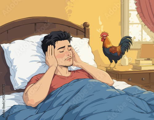 Man coverings ears and sleeping in bed while rooster crowing stock illustration