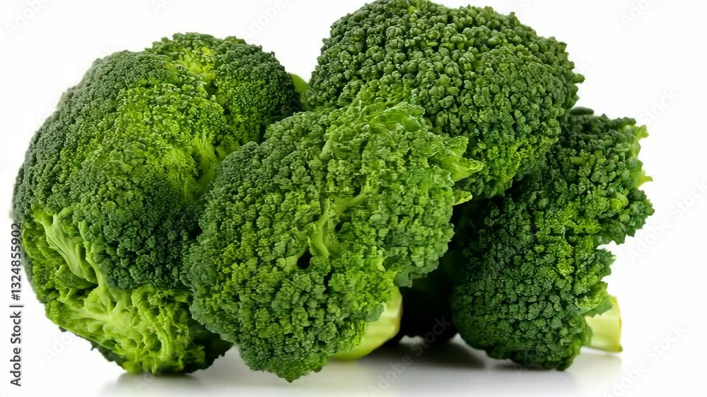 Fresh green broccoli bunches rotating on white background in natural light Fresh green broccoli bunches rotating on white background in natural light