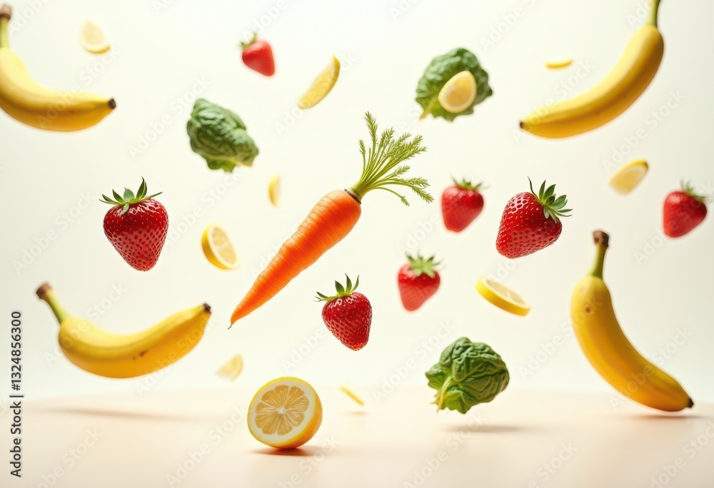 vibrant display floating fruits vegetables mid captivating color palette fresh produce clear background, colorful, organic, freshness, healthy, nature vibrant display floating fruits vegetables mid captivating color palette fresh produce clear background, colorful, organic, freshness, healthy, nature