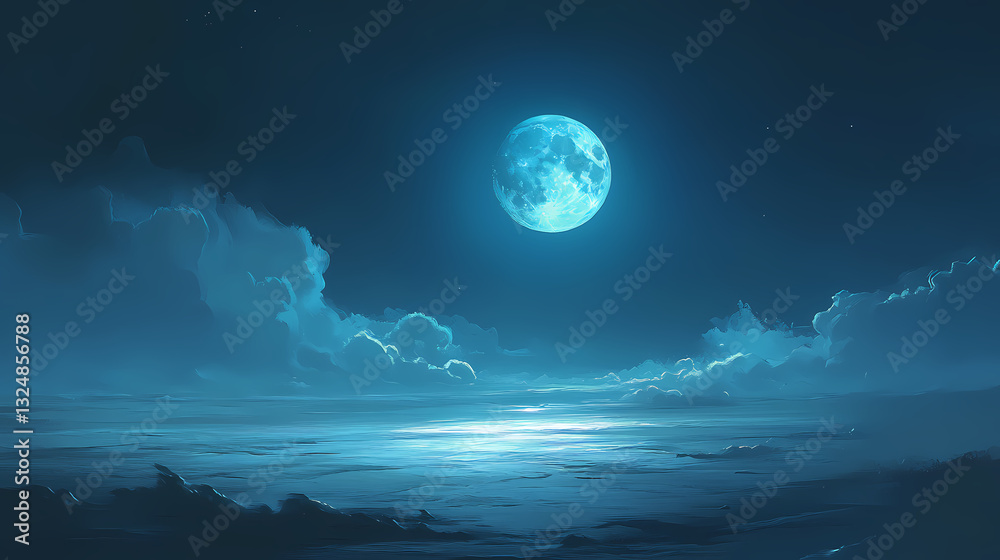 Fototapeta premium A large blue moon is shining brightly in the sky above a cloudy night. Midnight Shine. Illustration