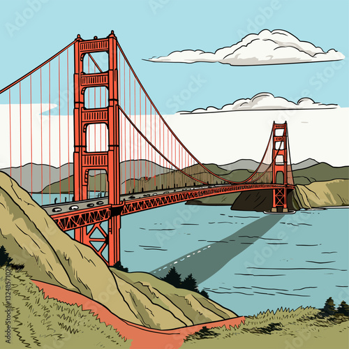 Golden Gate Bridge. Golden Gate Bridge hand-drawn comic illustration. Vector doodle style cartoon illustration
