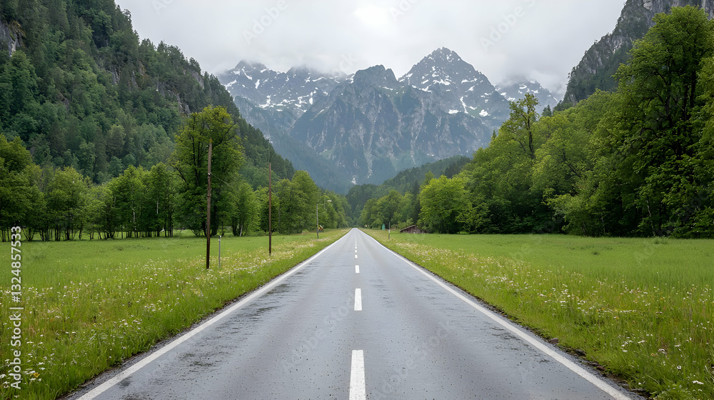 Fototapeta premium Straight Road Through Lush Green Valley Leading To Majestic Mountains Under Cloudy Sky