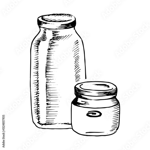 A black-and-white vector illustration of canned food jars in a linear style. 
