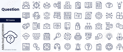 A collection of line icons representing various question-related concepts, including FAQs, contact, and troubleshooting.