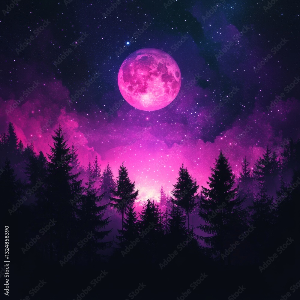 Fantasy night sky with full moon over forest. Vector illustration. Fantasy night sky with full moon over forest. Vector illustration.