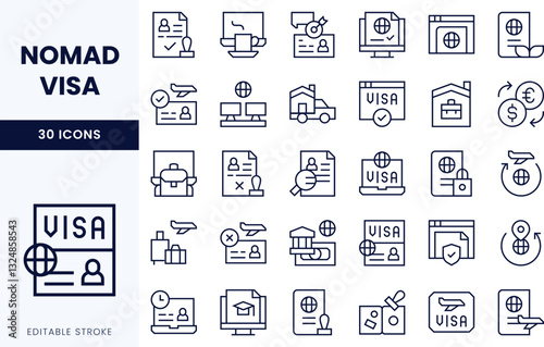 A collection of line icons related to Nomad Visa including applications, travel elements, and remote work concepts.