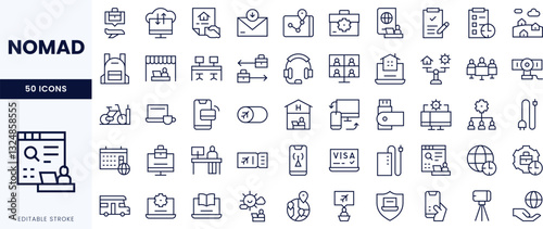 A collection of outline icons representing modern nomadic work life, featuring digital tools and travel elements.