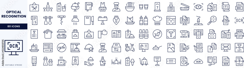 A collection of line icons representing various elements associated with optical recognition technology. A collection of line icons representing various elements associated with optical recognition technology.