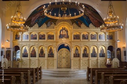 A majestic Orthodox church interior. The iconostasis, richly adorned with golden icons and intricate carvings, dominates the scene. Chandeliers illuminate the space, creating a divine atmosphere.