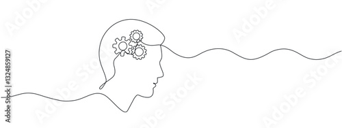 Continuous to one linear drawings of the human head and programs. Contour One Line editable vector illustration of technological progress.