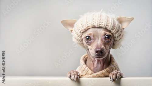 Playful Small Dog in Cozy Knit Sweater and Hat Posing Against a Simple Light Background