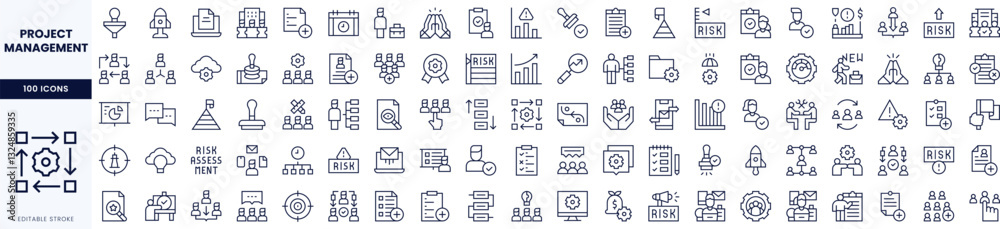 A collection of line icons representing project management concepts, such as risk assessment, planning, and team collaboration. A collection of line icons representing project management concepts, such as risk assessment, planning, and team collaboration.