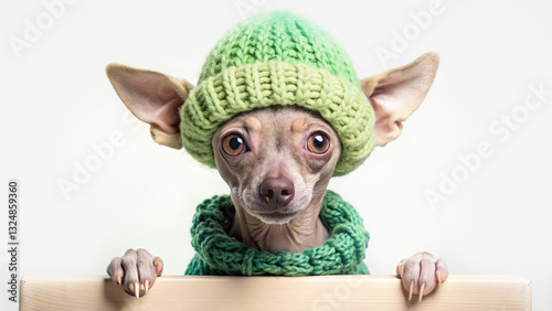 Chow Chow Cute dog with expressive eyes advertises knitted green hat and sweater on plain background