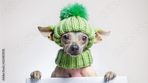 Chow Chow Cute dog with expressive eyes advertises knitted green hat and sweater on plain background