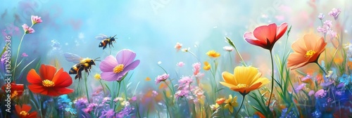 Bee flying with flowers in Spring field.