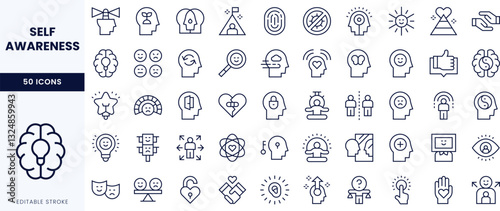 A collection of self-awareness icons displaying varied concepts such as reflection, mindfulness, and personal growth in simple line art style.