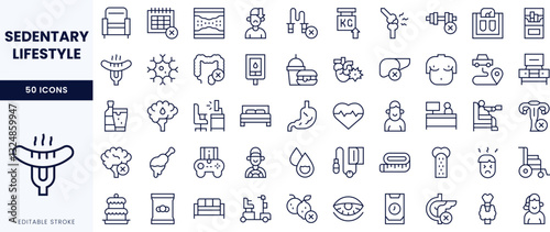 A diverse collection of icons depicting a sedentary lifestyle, featuring activities and symbols related to sitting, leisure, and indoor living.
