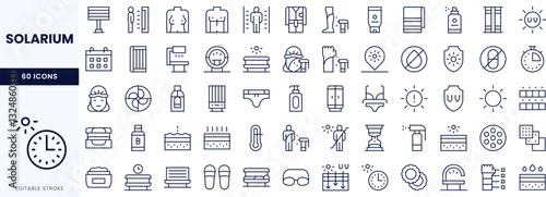 Collection of line icons related to solarium and tanning, featuring various sun and skincare elements.