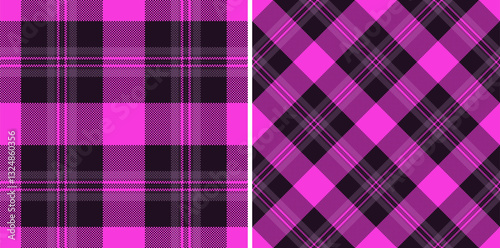 Vibrant pink and black plaid patterns, perfect for fashion, textile, and web design.  These seamless textures offer a bold, stylish aesthetic, ideal for creating eyecatching visuals.