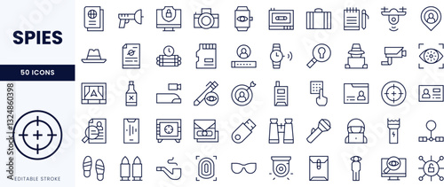 A diverse collection of linear icons representing spy-related themes, including gadgets, surveillance equipment, and detective tools in a minimalist design.
