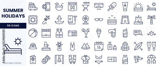 A collection of minimalistic line icons illustrating summer holidays activities, including beach essentials, leisure items, and vacation motifs.