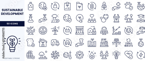 A collection of elegant line icons representing sustainable development themes, including renewable energy, conservation, and social responsibility.