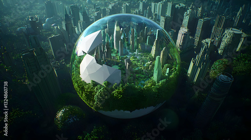 Voxel Art Sphere Showcasing A Green Digital City Inside Over A Forest Of Cubic Structures