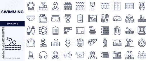 A collection of line icons representing various swimming-related activities and equipment, showcasing a variety of swimming styles and safety measures.