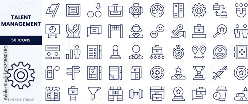 A collection of line icons representing talent management concepts, including teamwork, development, and evaluation.