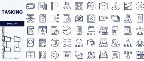 A collection of task-related icons in a minimalist design, featuring outlines in black and white, ideal for project management and organization.