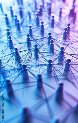 Intricate network of interconnected figures, symbolizing global communication and collaboration. Cool blue and purple hues create a futuristic feel.