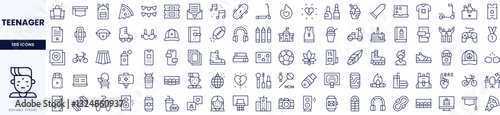 A collection of linear icons representing various aspects of teenage life, including hobbies, technology, and leisure activities.