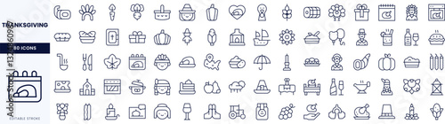 A collection of Thanksgiving-themed line icons, showcasing a variety of festive symbols and elements.