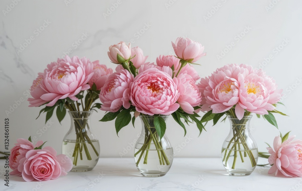 Obraz premium Pink Peonies and Roses in Vases on White Marble Surface