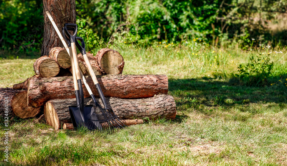 Chopped logs of wood and tree trunk and shovel in a garden on warm sunny day. Chopped logs of wood and tree trunk and shovel in a garden on warm sunny day.