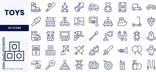 A collection of outlined icons representing various toys, showcasing creativity and fun suitable for children.