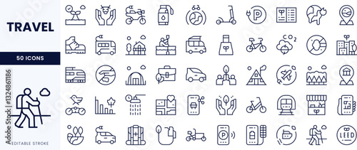 A collection of editable line icons representing various travel themes, including transportation, nature, and outdoor activities.