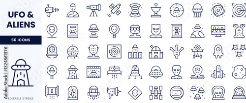 A collection of line icons representing UFOs and aliens including spacecraft, extraterrestrial beings, and related themes.