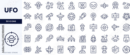 A diverse collection of UFO-themed icons featuring alien ships, astronauts, and mysterious symbols, perfect for sci-fi projects.